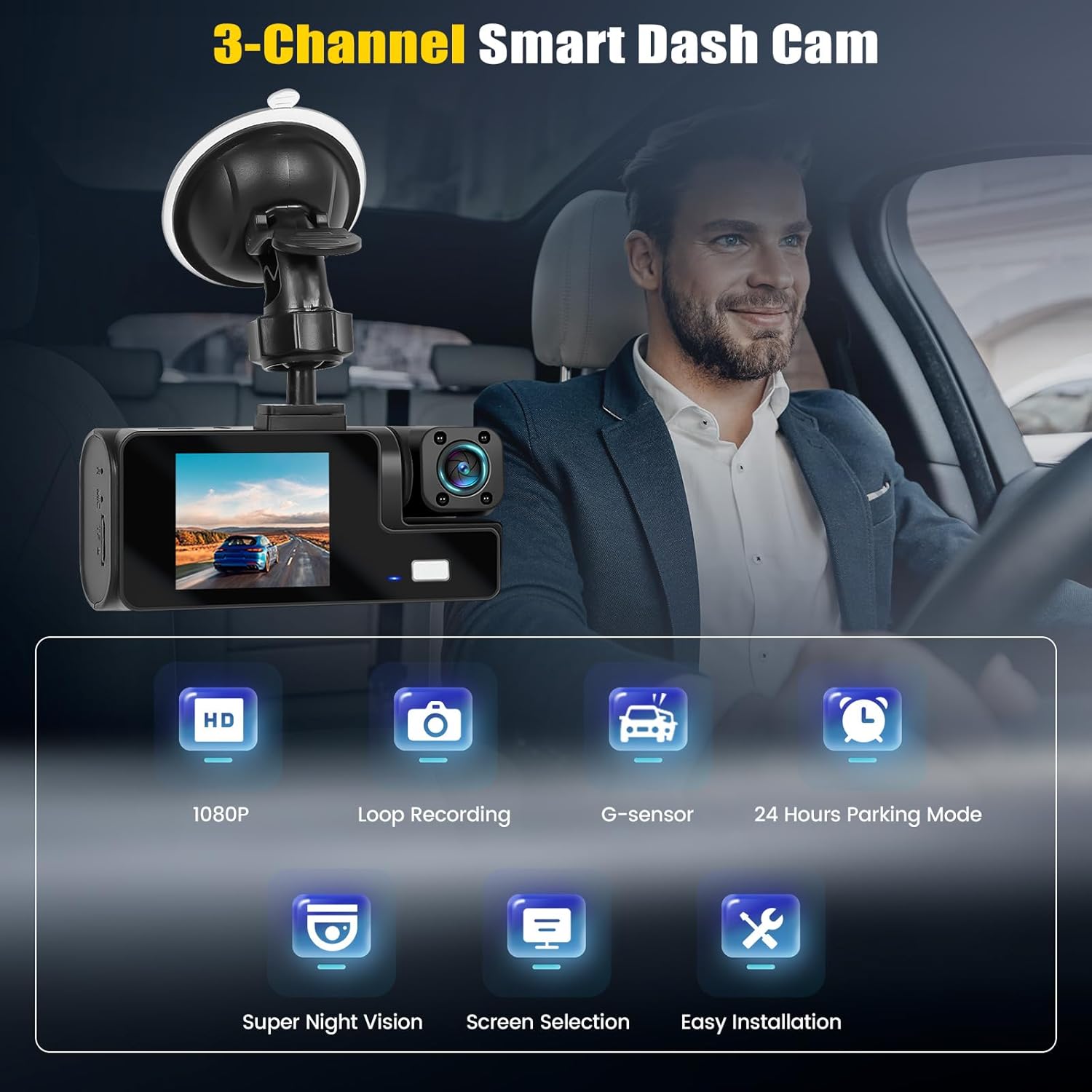 3 Channel Dash Cam Front and Rear Inside
