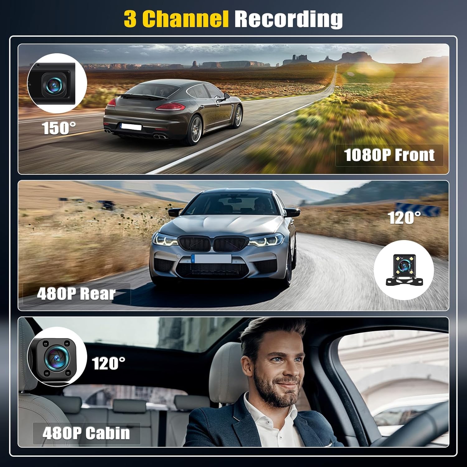 3 Channel Dash Cam Front and Rear Inside