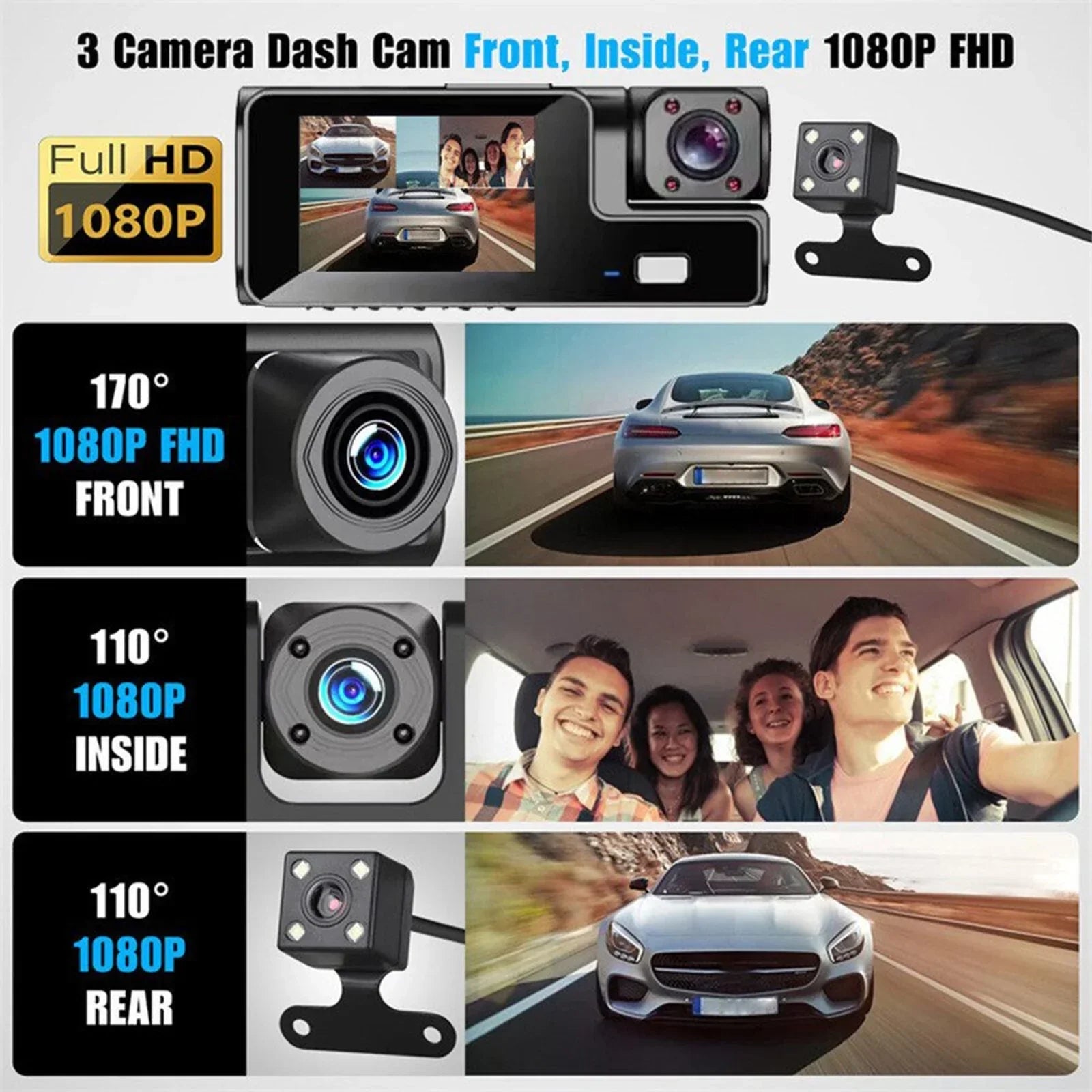 3 Channel Dash Cam Front and Rear Inside