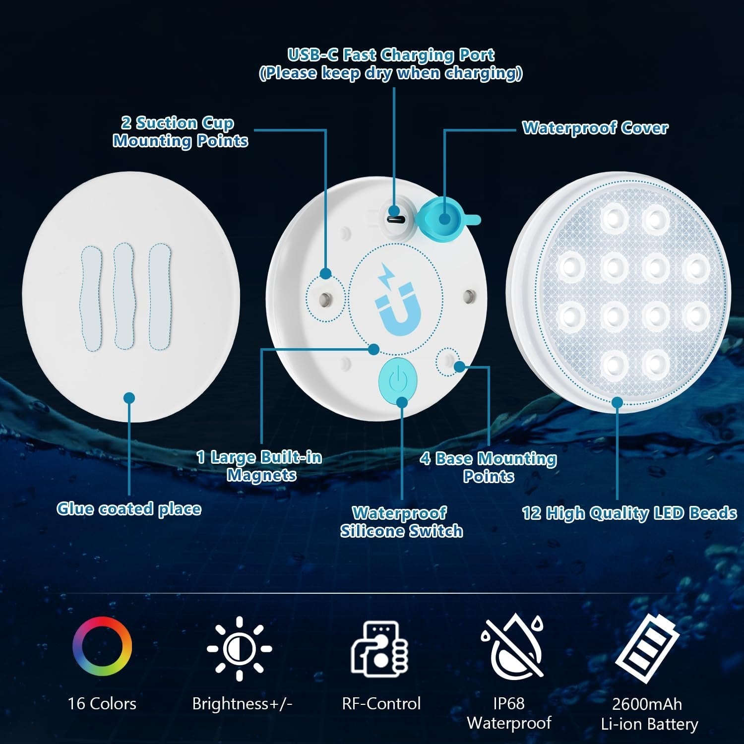 Ultra-High Brightness Rechargeable Submersible LED Lights with Remote