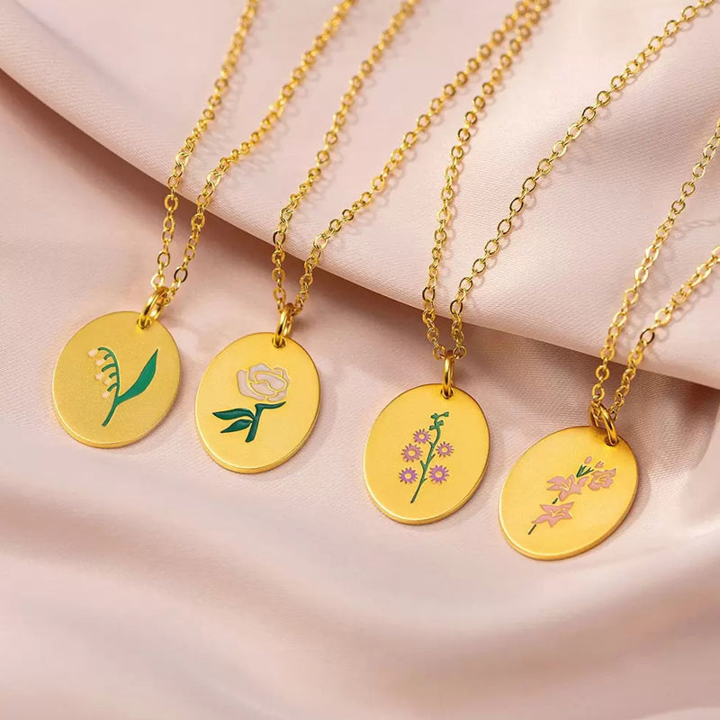 Engraved Birthday Flower Necklace